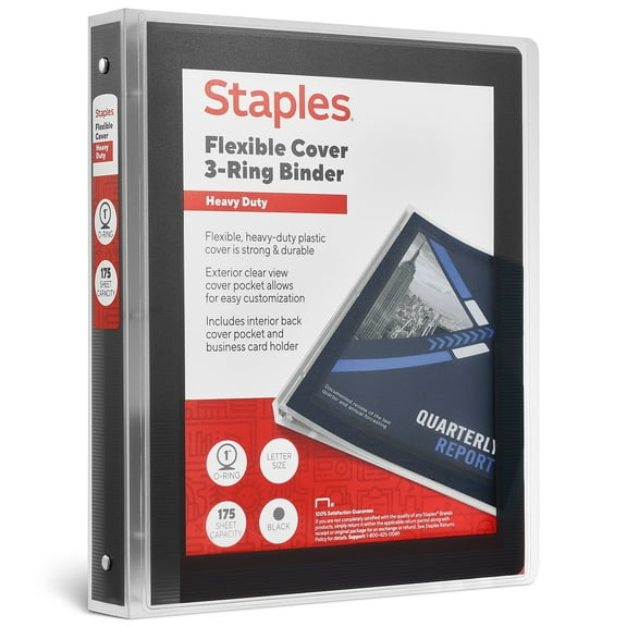 Staples Heavy Duty 1" 3-Ring Flexible Poly Binder Black (ST62612)