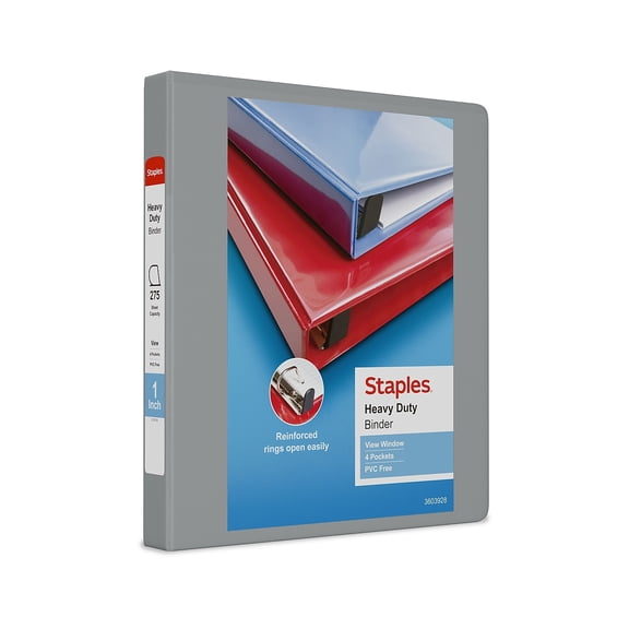 Staples Heavy Duty 1" 3-Ring View Binder with D-Rings and Four Interior Pockets Gray 3/Pack