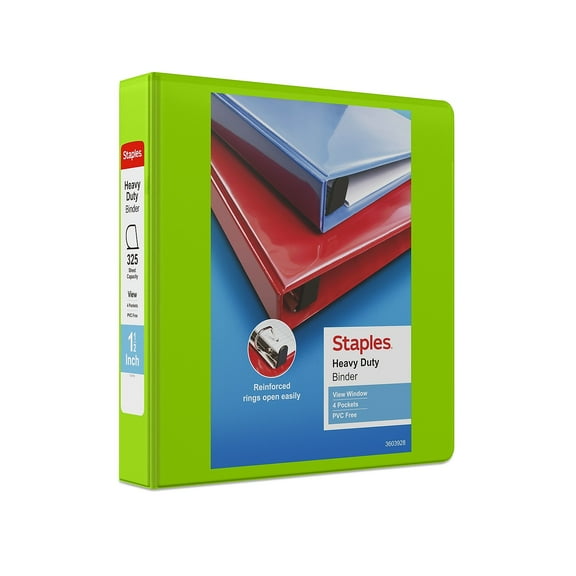 Staples Heavy-Duty 1.5" 3-Ring View Binder Chartreuse (24676-US) 56320-CC/24676