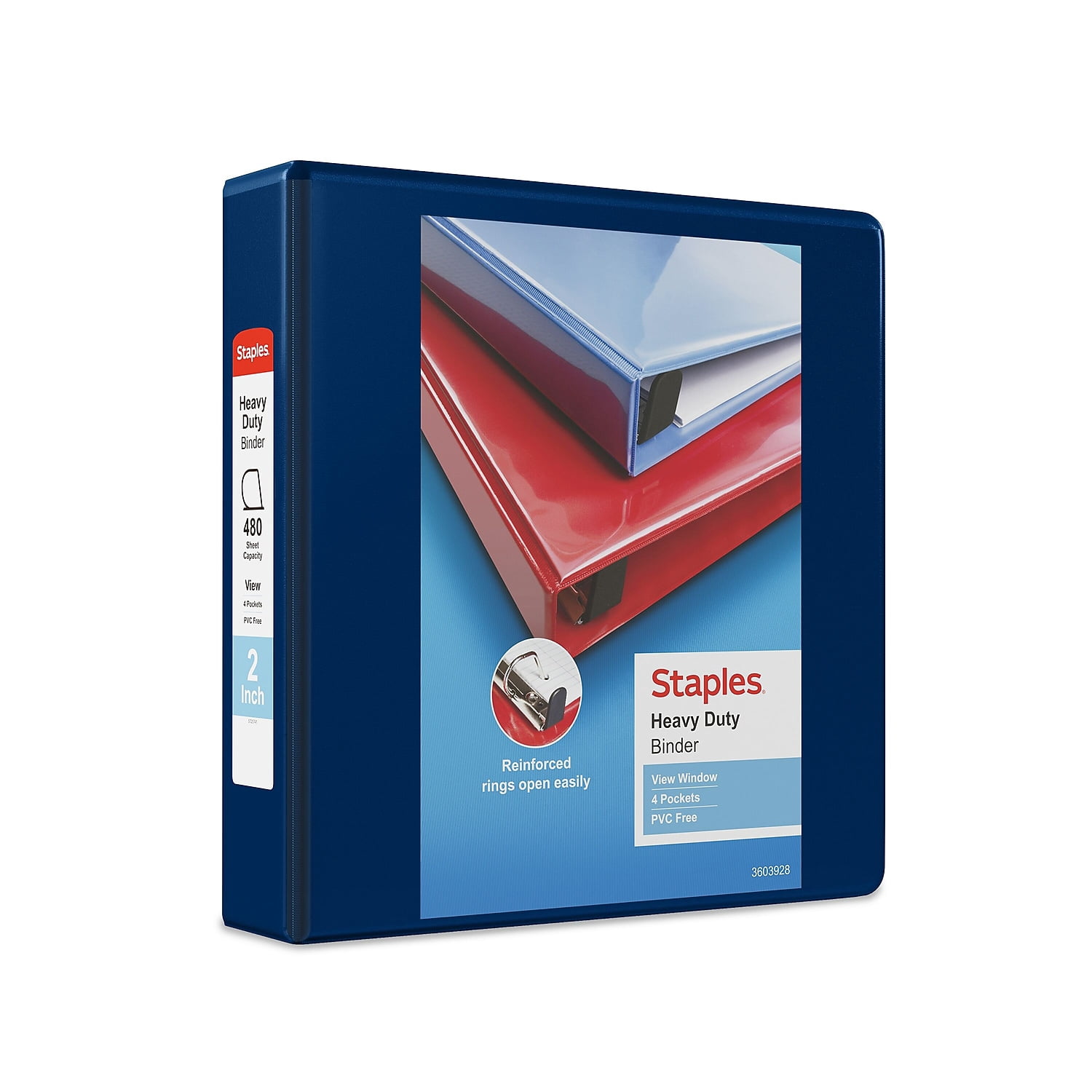 Staples Heavy Duty 2" 3-Ring View Binder with D-Rings and Four Interior Pockets Navy Blue  3/Pack