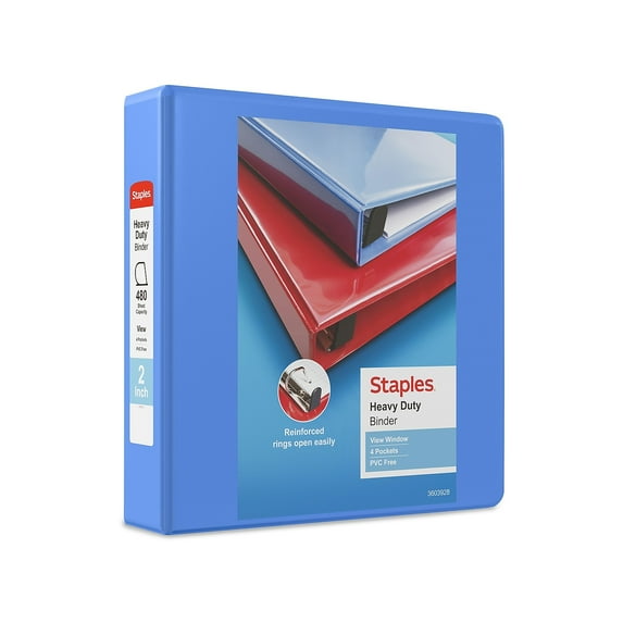 Staples Heavy Duty 2" 3-Ring View Binder with D-Rings and Four Interior Pockets Periwinkle 3/Pack