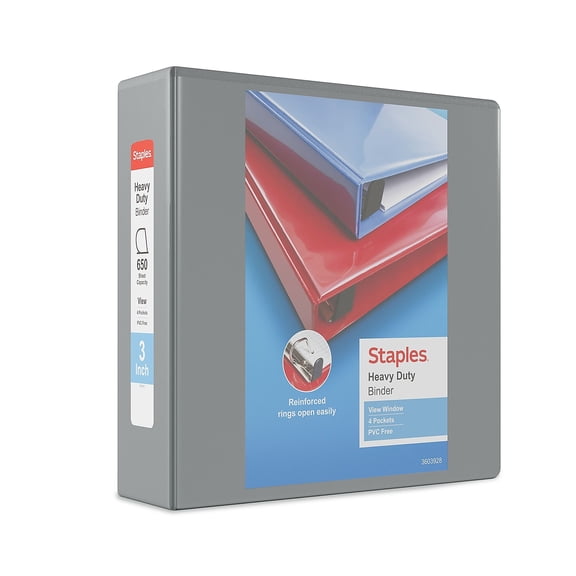 Staples Heavy Duty 3" 3-Ring View Binder with D-Rings and Four Interior Pockets Gray  2/Pack