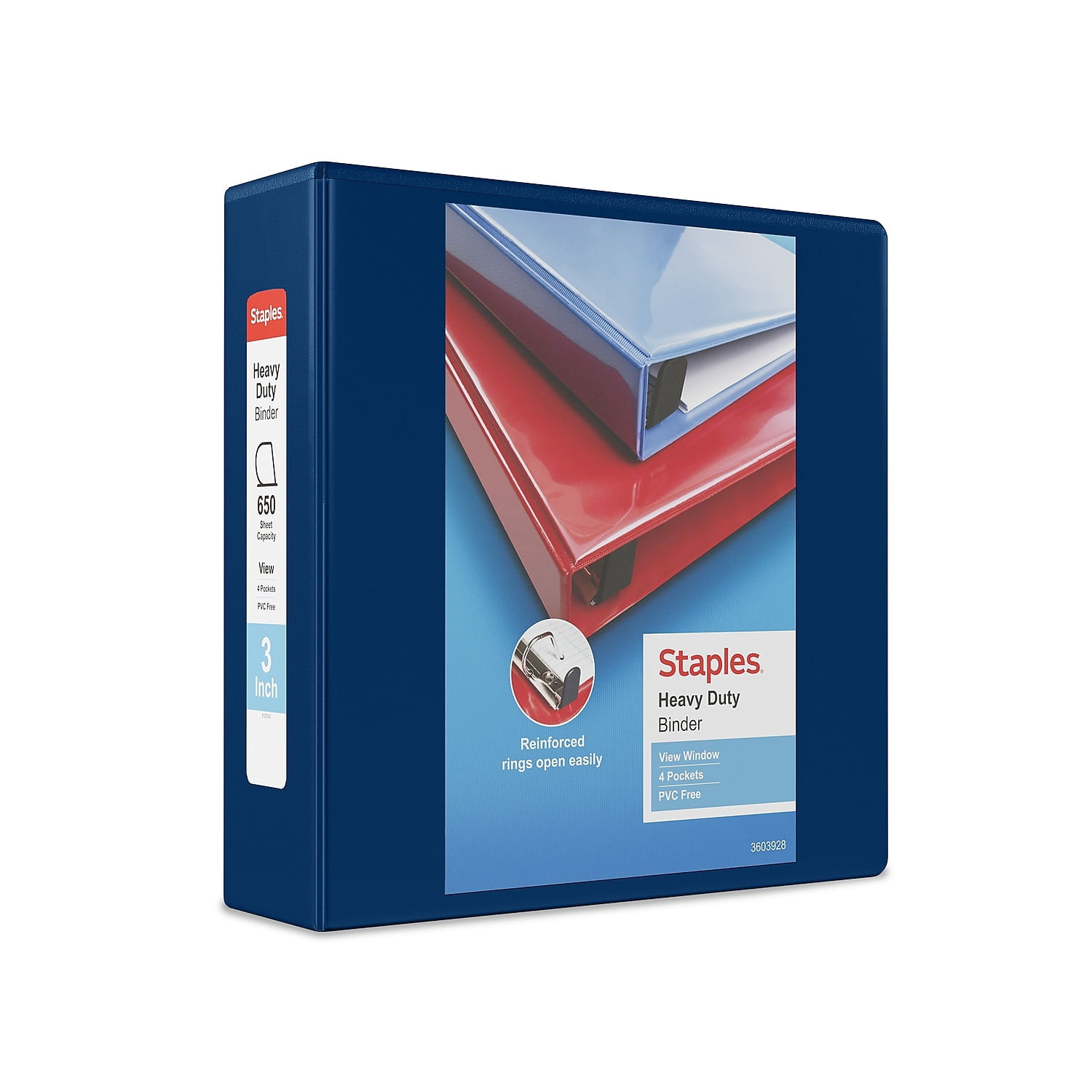 Staples Heavy Duty 3" 3-Ring View Binder with D-Rings and Four Interior Pockets Navy Blue  2/Pack