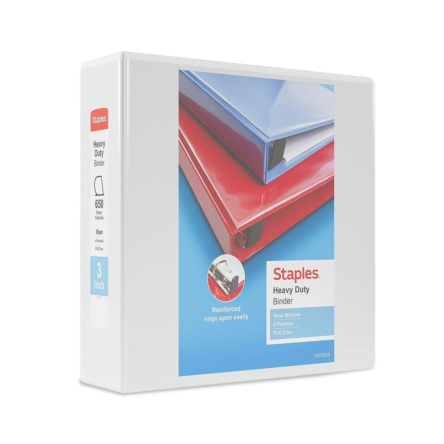 Staples Heavy Duty 3" 3-Ring View Binders White 8/Carton 56265CT/24693VS