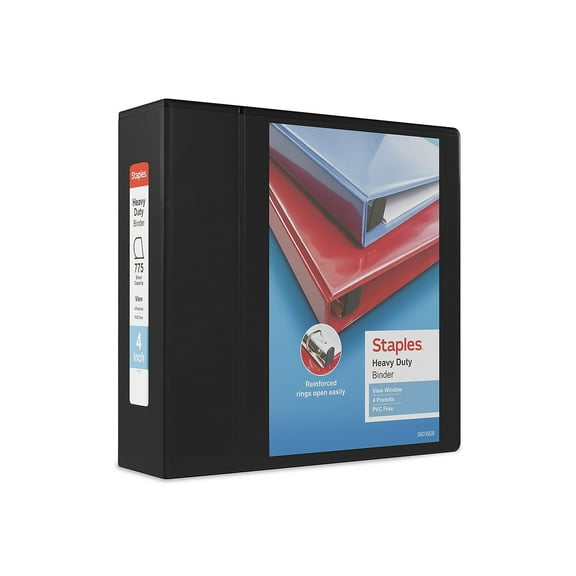 Staples Heavy Duty 4" 3-Ring View Binder with D-Rings and Four Interior Pockets Black  2/Pack
