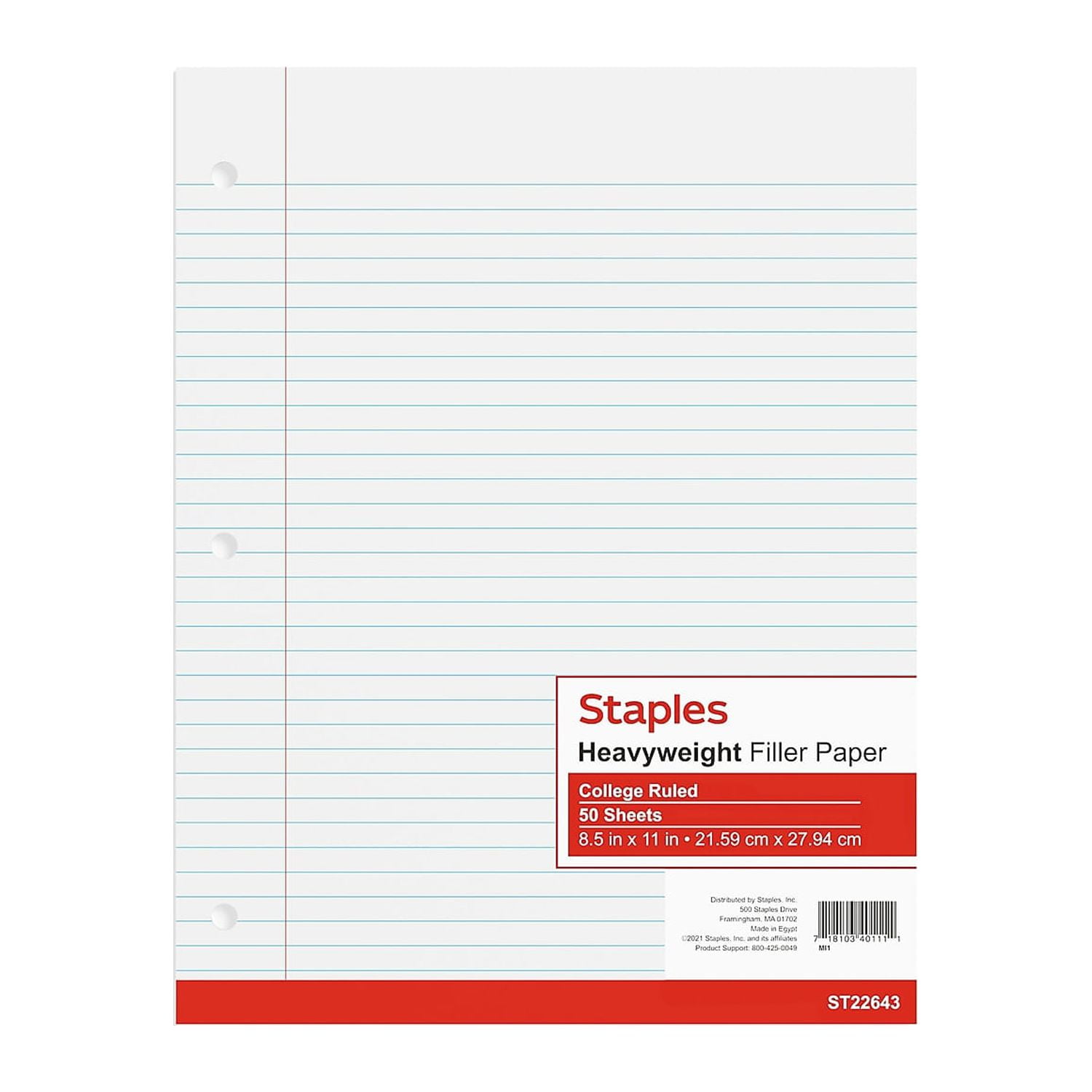 Staples Heavyweight College Ruled Filler Paper 8.5" x 11" 50 Sh./PK
