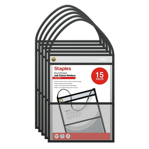 Staples Heavyweight Stitched Job Ticket Holder 9" x 12" Clear 15/Pack (ST63077)