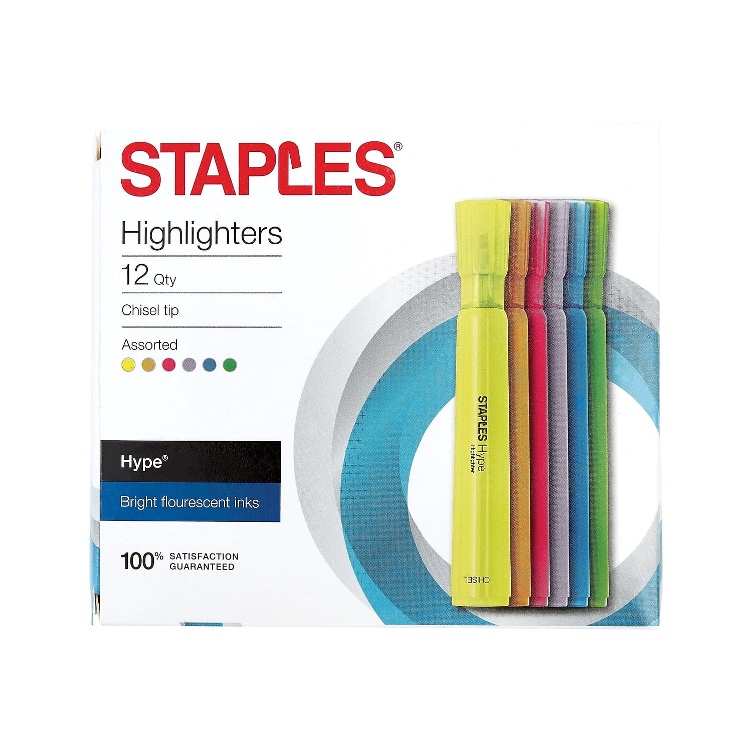 Staples Hype Tank Highlighters Chisel Assorted 12/PK (29204