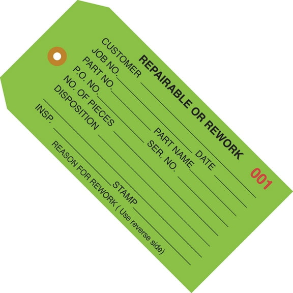 Staples Inspection Tags "Repairable or Rework" 4 3/4" x 2 3/8" Green 1000/Case G20041