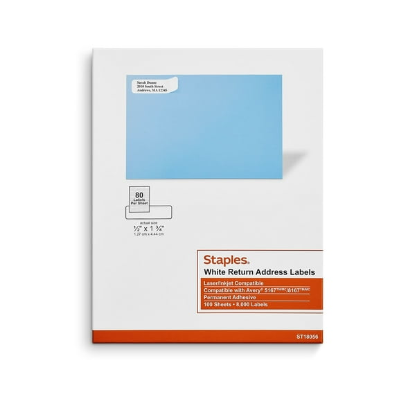 Staples Laser/Inkjet Address Labels 1/2" x 1 3/4" White 80 Labels/Sheet 16000/Carton ST18056-CCVS