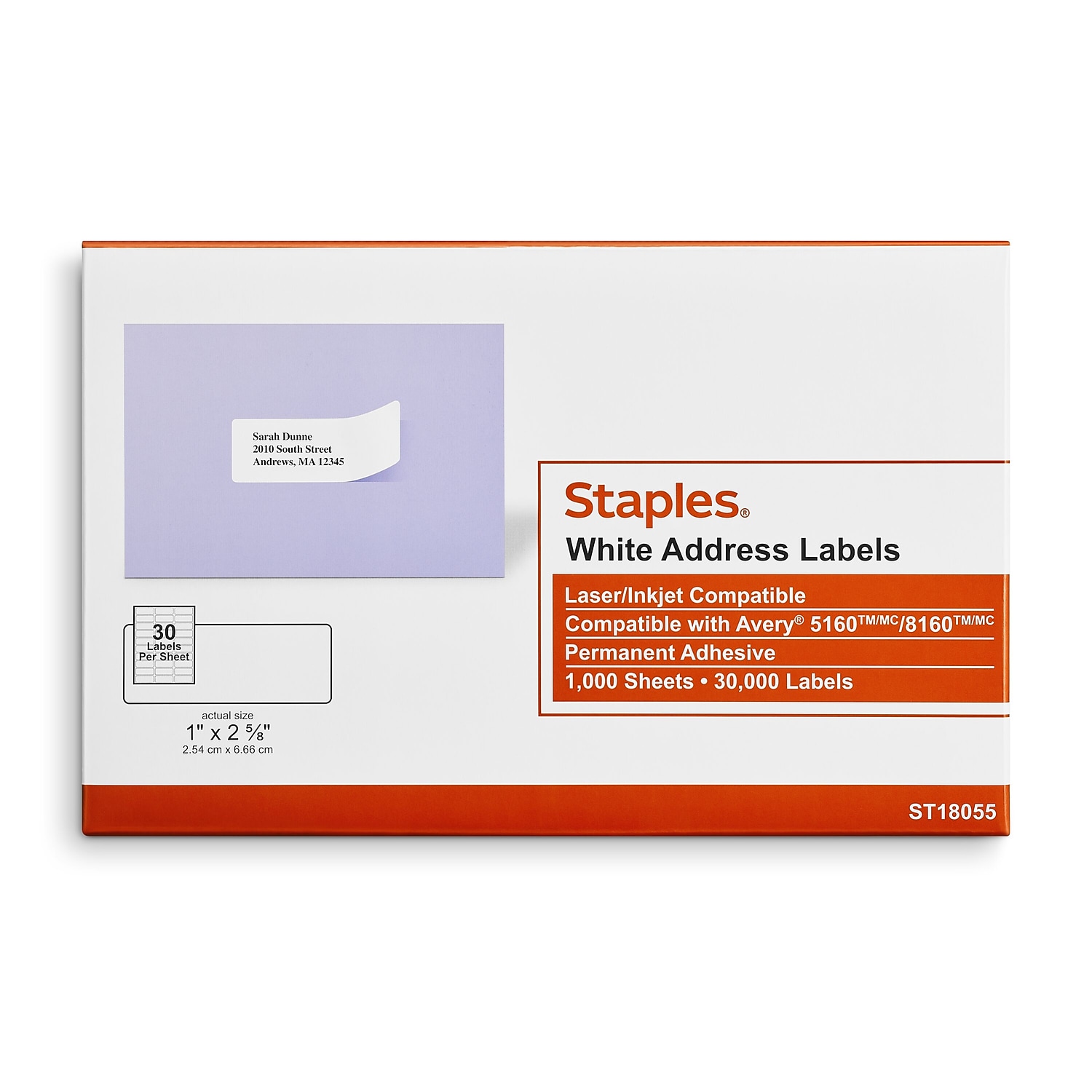 Staples Laser/Inkjet Address Labels 1" x 2 5/8" White 30 Labels/Sheet 60000/Carton ST18055-CCVS