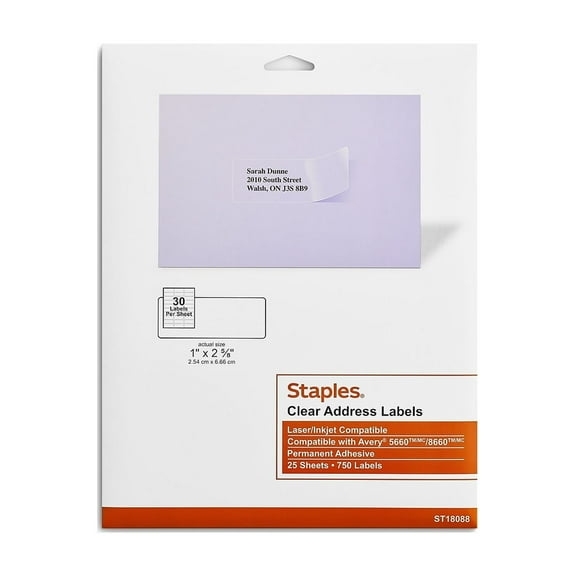Staples Laser/Inkjet Address Labels 1" x 2 5/8" Clear 30 Labels/Sheet 575748
