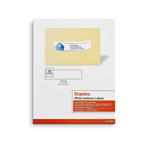 Staples Laser/Inkjet Address Labels 1" x 4" Bright White 20 Labels/Sheet 10000/Carton ST18064-CCVS