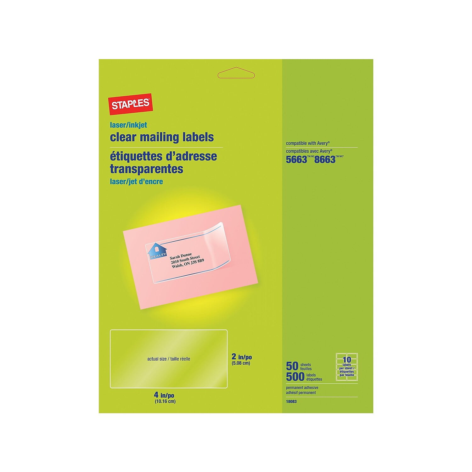 Staples Laser/Inkjet Shipping Labels 2" x 4" Clear 10 Labels/Sheet