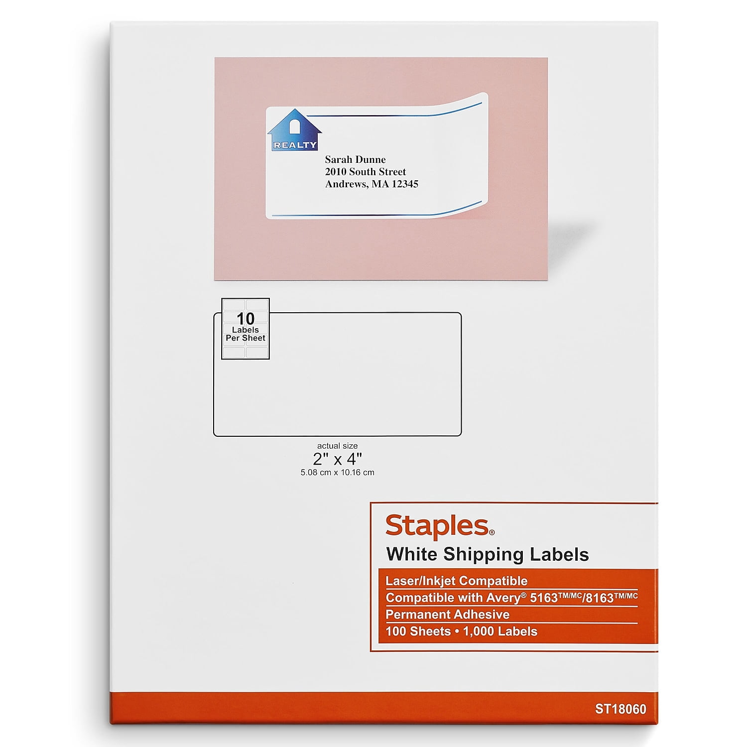 Staples Laser/Inkjet Shipping Labels 2" x 4" White 10 Labels/Sheet 479877