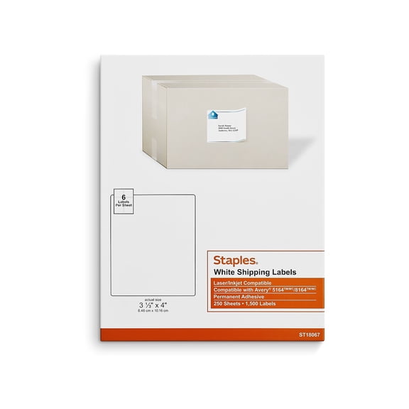 Staples Laser/Inkjet Shipping Labels 3 1/3" x 4" White 6 Labels/Sheet 3000/Carton ST18067-CCVS