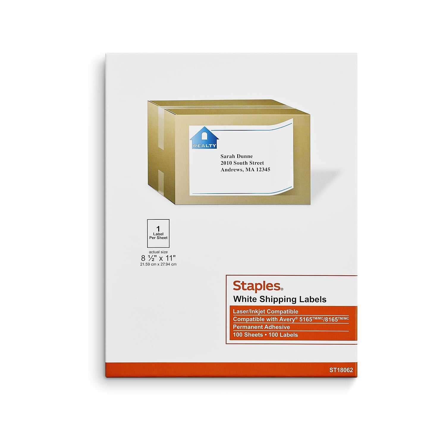 Staples Laser/Inkjet Shipping Labels 8 1/2" x 11" White 1 Label/Sheet 200/Carton ST18062-CCVS