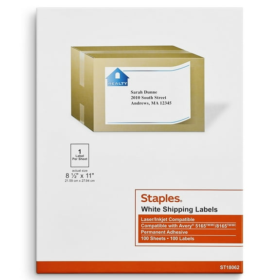 Staples Laser/Inkjet Shipping Labels 8 1/2" x 11" White 1 Label/Sheet 518346