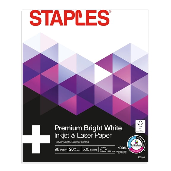 Staples Laser Paper 8.5 x 11 Inch 28 lb 98 Bright HighQuality Prints, 500 Sheets