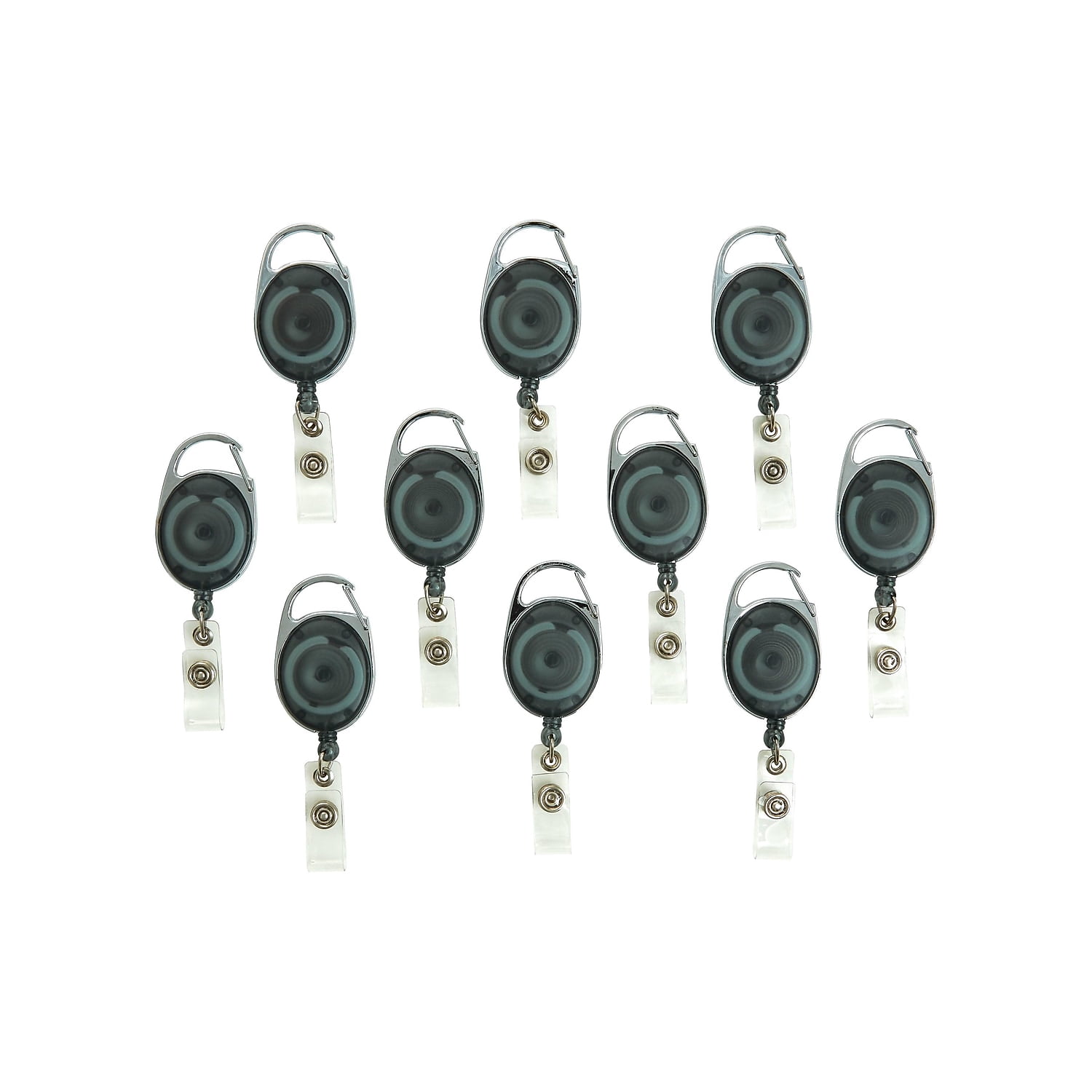 Staples Metal Carabiner Badge Reels 30" Retractable Cord Length Metal Smoke 10/Pack (41792-CC)