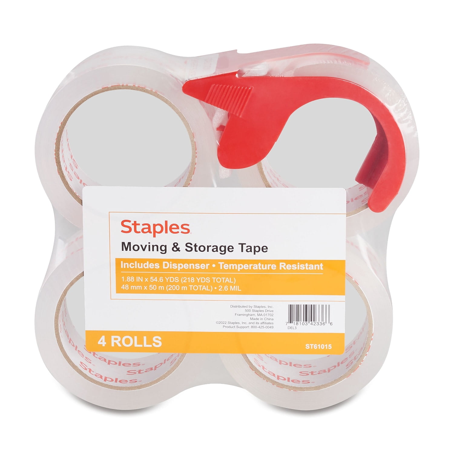 Staples Moving & Storage PKing Tape w/Dispenser 1.88" x 54.6 Yds Clr 4/RL 473975