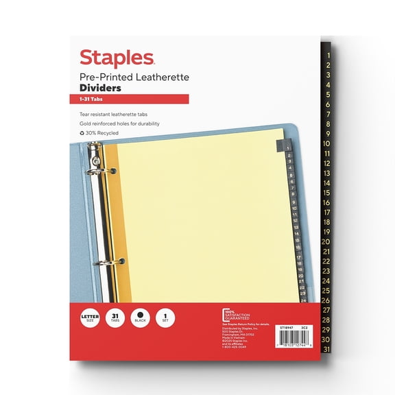 Staples Numeric Leather Dividers 31-Tab Black (18947/11485) 483313