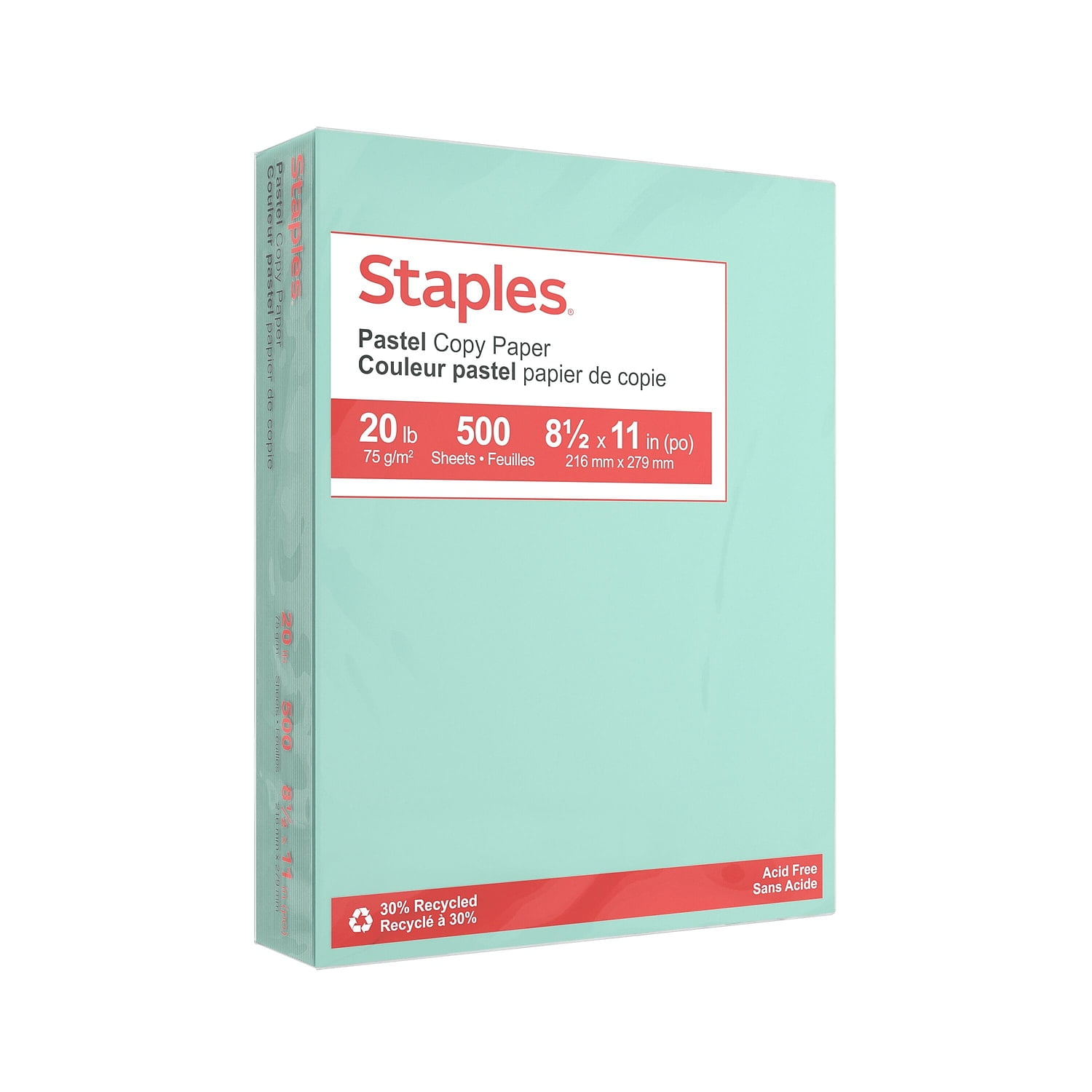 Staples Pastel 30% Recycled Color Copy Paper 20 lbs. 8.5" x 11" Turquoise 500 Sheets/Ream (14784)
