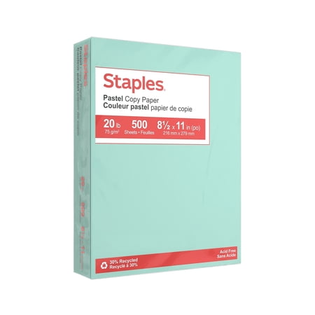 Staples Pastel 30% Recycled Color Copy Paper 20 lbs. 8.5" x 11" Turquoise 500 Sheets/Ream (14784)