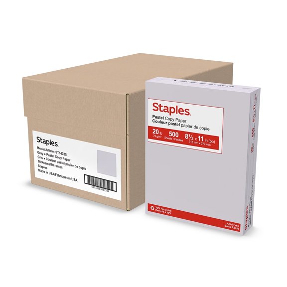 Staples Pastel 30% Recycled Color Copy Paper 20 lbs. 8.5" x 11" Gray 500 Sheets/Ream 10 Reams/Carton