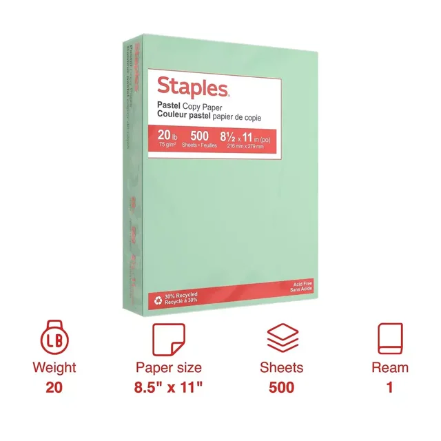 Staples Pastel Colored Copy Paper 8 1/2" x 11" Green 500/Ream (14781