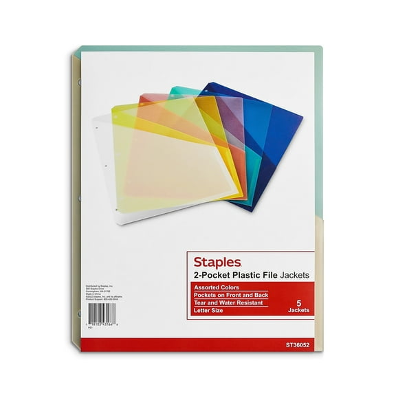 Staples Plastic File Jacket Letter Size Assorted 5/Pack (89505)