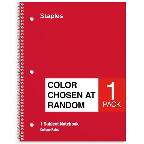Staples 1-Subject Notebook 8" x 10.5" College Ruled 70 Sh. Assorted 1485056