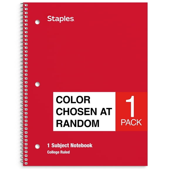 Staples 1-Subject Notebook 8" x 10.5" College Ruled 70 Sh. Assorted 1485056