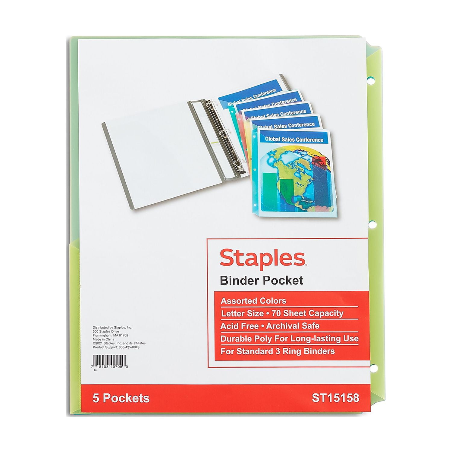 Staples Poly Binder Pockets 3Hole Punched Assorted Colors 15/Carton