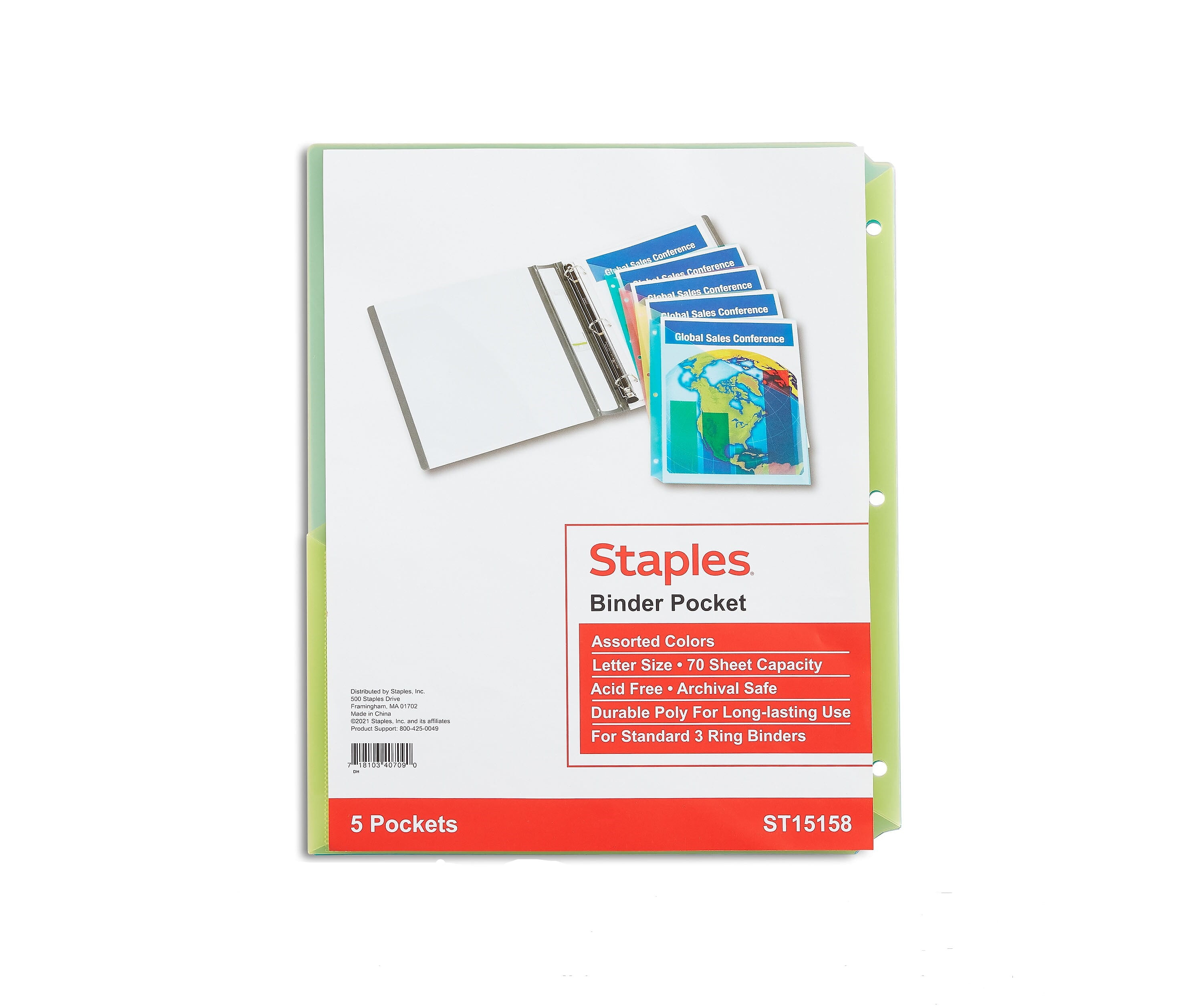 Staples Poly Binder Pockets 3Hole Punched Assorted Colors 5/PK (15158