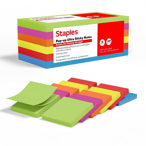 Staples Pop-up Ultra Sticky Notes 3" x 3" Summer Breeze Collection 100 Sheets/Pad 12 Pads/Pack
