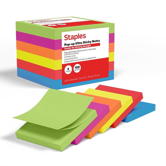Staples Pop-up Ultra Sticky Notes 3" x 3" Summer Breeze Collection 100 Sheets/Pad 6 Pads/Pack