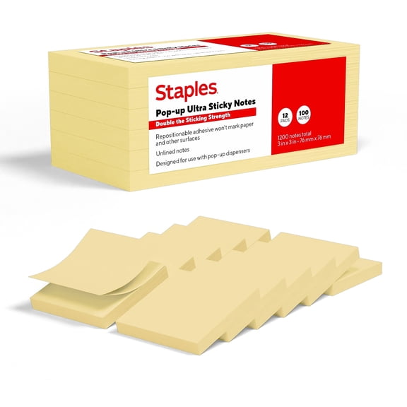 Staples Pop-up Ultra Sticky Notes 3" x 3" Sunshine Collection 100 Sheets/Pad 12 Pads/Pack (ST62896)