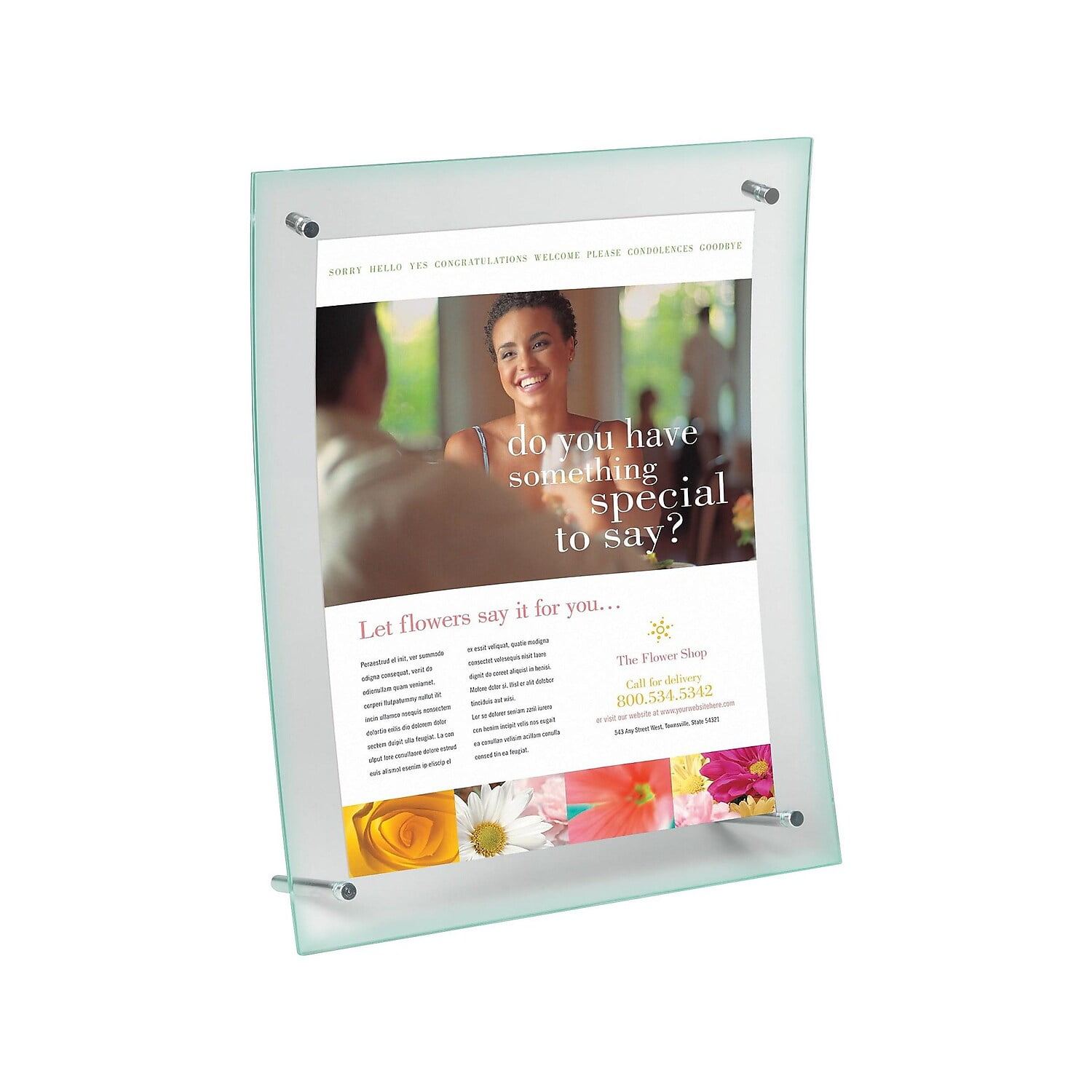 Clear Acrylic Sign Holder with Green Tinted Edge and Silver Base