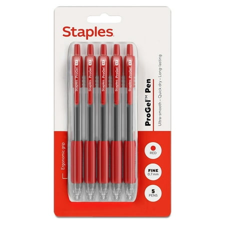 Staples ProGel Retractable Gel Pen Fine Point 0.7mm Red Ink 5/Pack (ST63014)