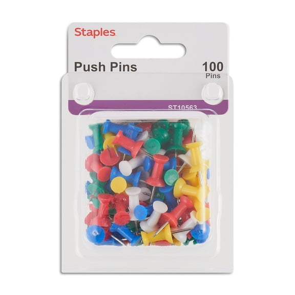 Staples Push Pins Assorted Colors 100/Pack 10563-CC