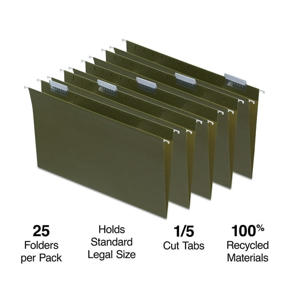 Staples ECO-ID Hanging File Folder 5-Tab Legal Size Standard Green 50/Carton ST116830/1168VS