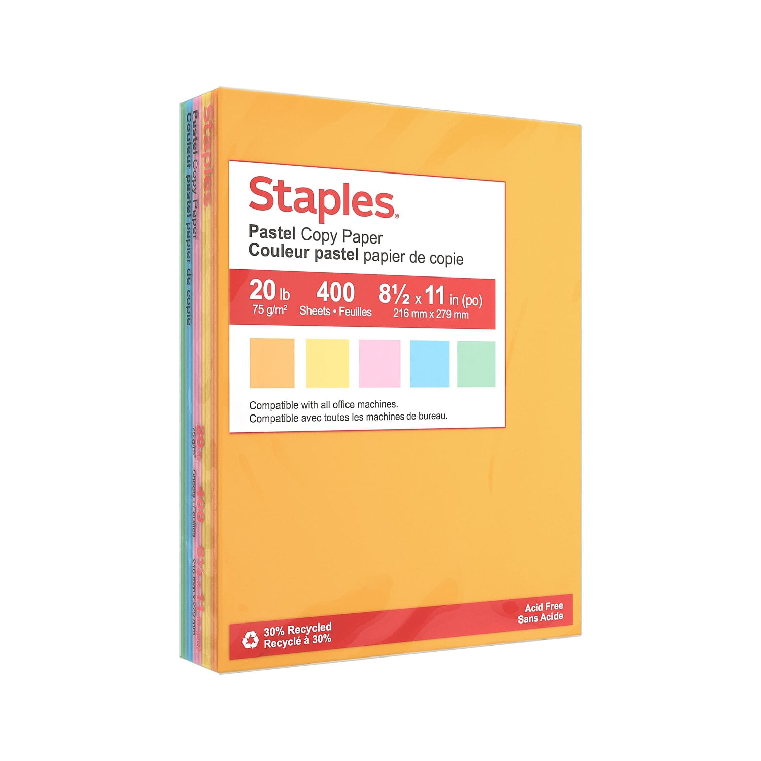 Staples Recycled Pastel Multipurpose Paper 20 lbs. 8.5" x 11" Assorted Colors 400 Sheets/Ream