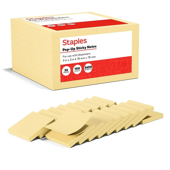 Staples Recycled Pop-up Sticky Notes 3" x 3" Sunshine Collection 100 Sheets/Pad 36 Pads/Pack