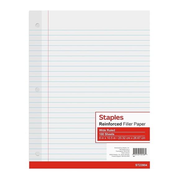 Staples Reinforced Filler Paper Wide Ruled 8" x 10 1/2" Each (23904W) TR23904G/23904