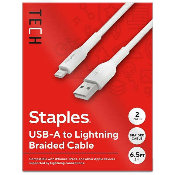 Staples TECH Lightning to USB-A Charging Cable 6.6 ft. White 2/Pack (ST62319)