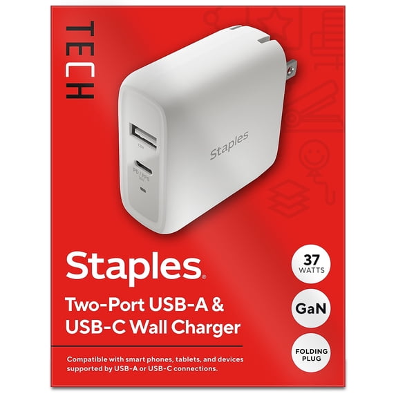 Staples TECH GaN USB-A/USB-C Wall Charger 37W White (ST62324-CC)