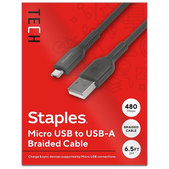 Staples TECH Micro USB to USB-A Charging Cable 6.5 ft. Black (ST62328)