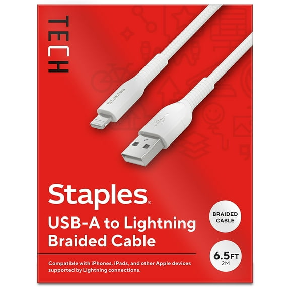 Staples TECH Lightning to USB-A Charging Cable 6.6 ft. White (ST62331)