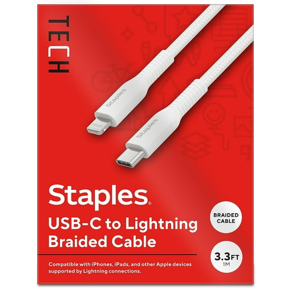 Staples TECH Lightning to USB-C Charging Cable 3.3 ft. White (ST62332)